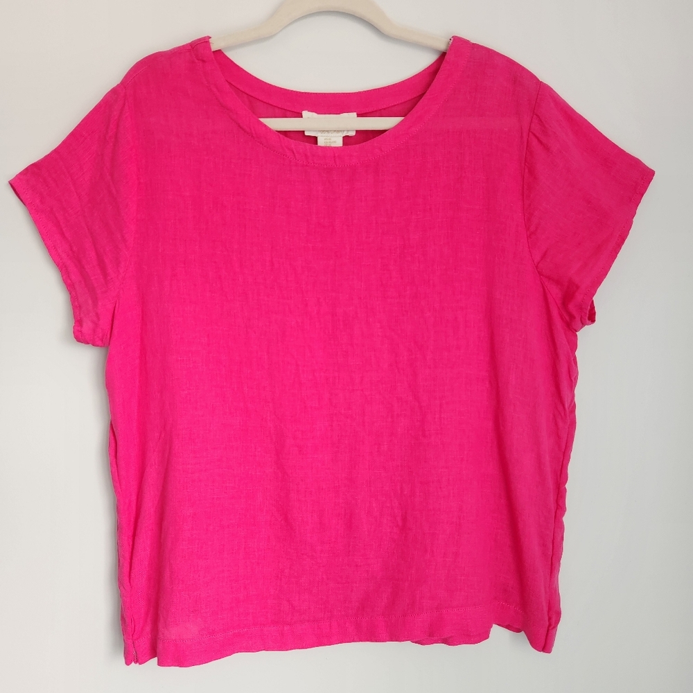 Cynthia Rowley Size XL 100% Linen Dark Pink Short Sleeve Blouse *ALTERED*